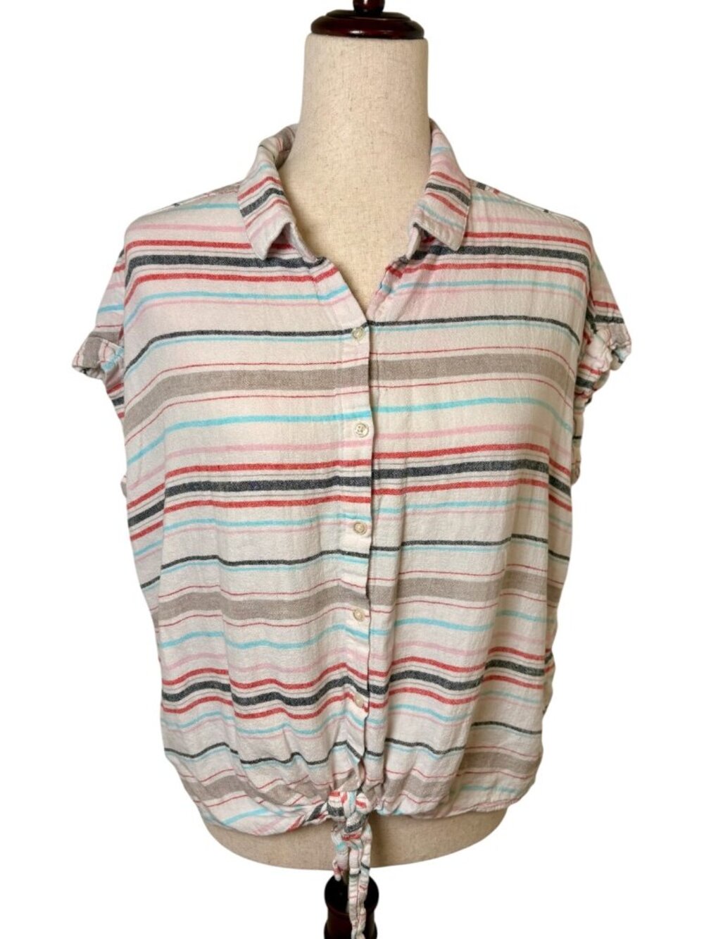 Weatherproof Vintage White Blue Striped Linen Blend Tie Front Shirt Size Large